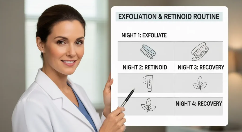 Skin cycling schedule chart showing exfoliation, retinoid, and recovery nights.