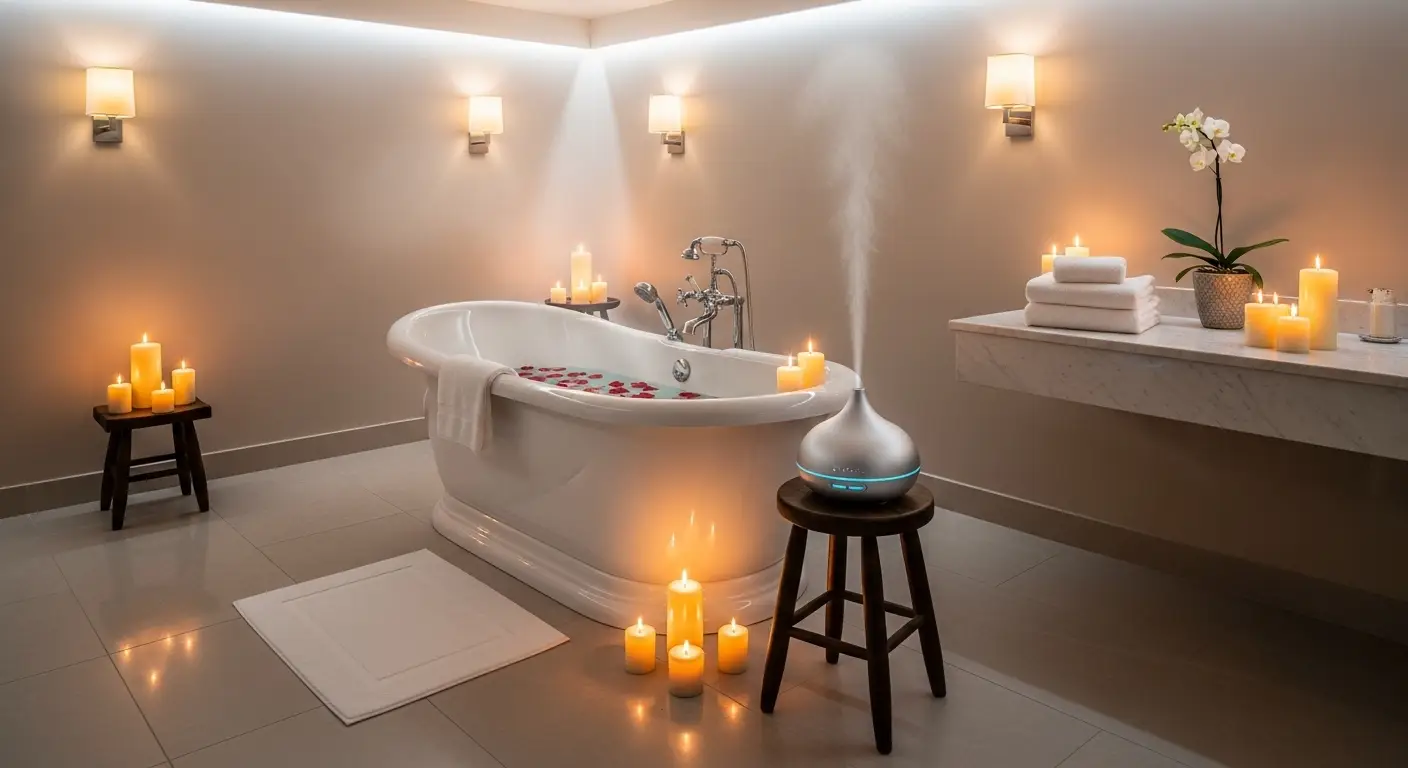 Aromatherapy Diffusers + Soaks hero image showcasing a multi-sensory self-care ritual