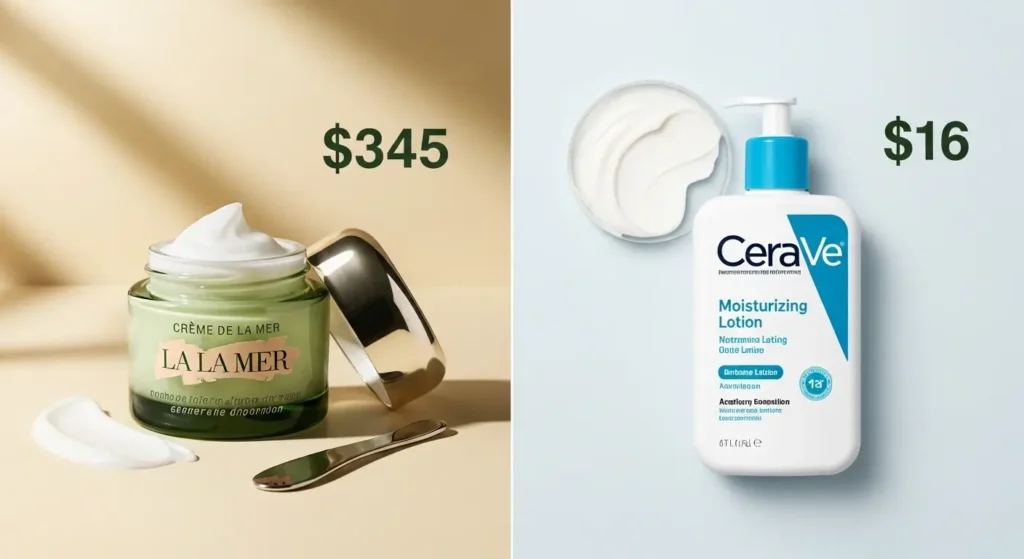 La Mer Cream vs CeraVe Moisturizer dupe comparison for USA skincare shoppers.